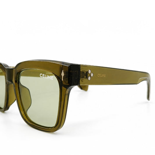 Celine 3831 Luxury Bold Square Sunglasses – Transparent Olive Green Acetate with Gold Celine Temple Branding & Light Green UV Protection Lenses