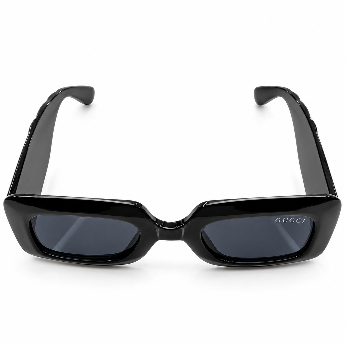 Gucci 9111 Luxury Chunky Rectangle Sunglasses for Men - Glossy Black Thick Acetate Frame, Gold GUCCI Temple Logo & Dark Grey Lenses
