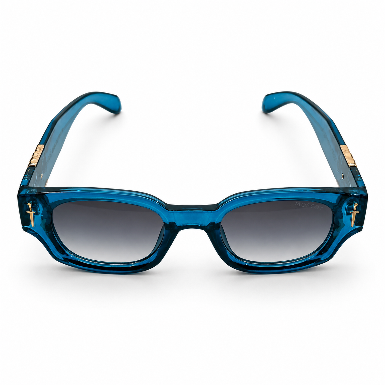 Moscot 135 Square Sunglasses for Men – Transparent Blue Acetate Frame, Gold Eagle Hardware, Grey Gradient UV400 Protection Lenses – Luxury Designer Eyewear