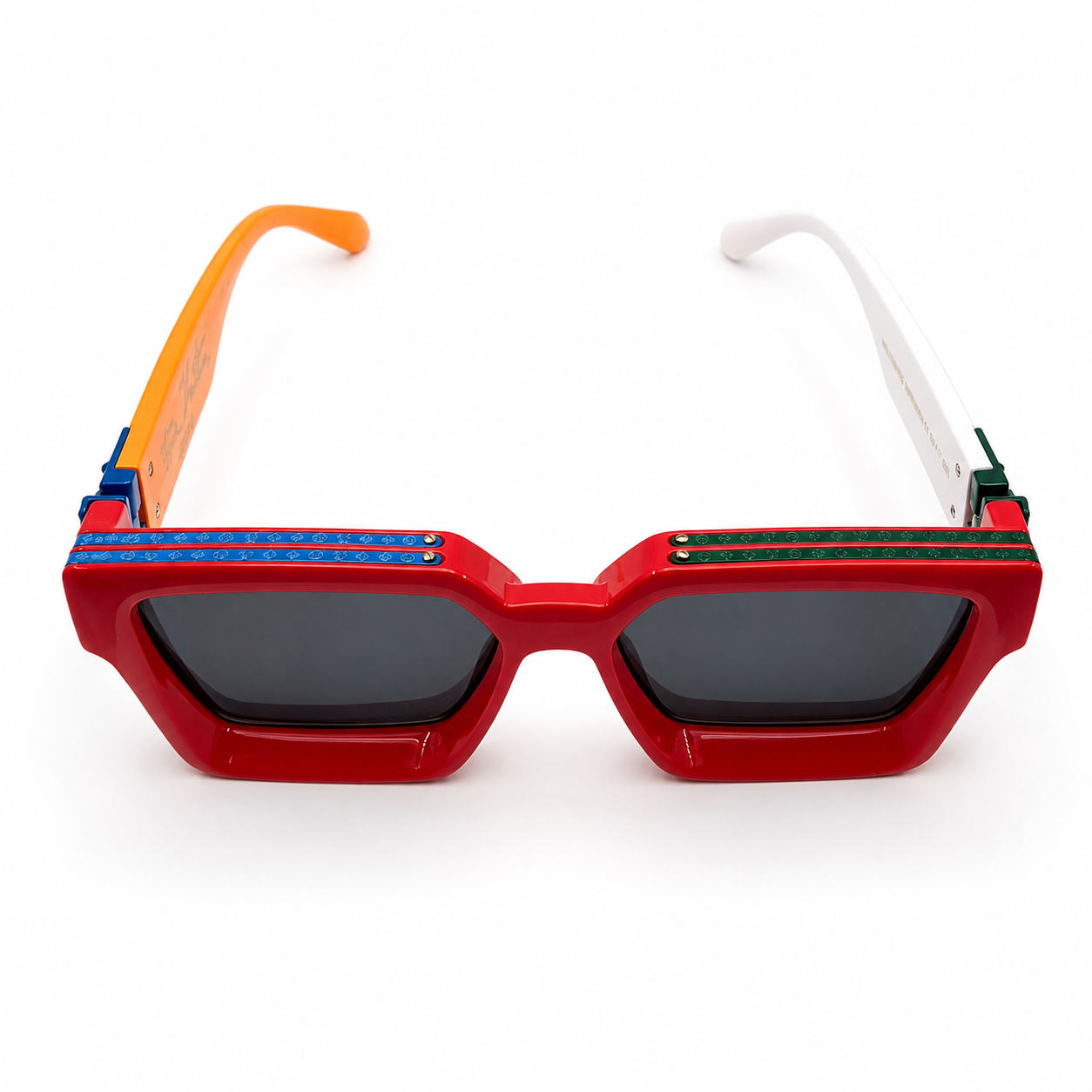 Louis Vuitton 96006 Millionaire Square Sunglasses for Men – Red Multicolor Acetate Frame, LV Monogram Hardware, Solid Black UV400 Protection Lenses