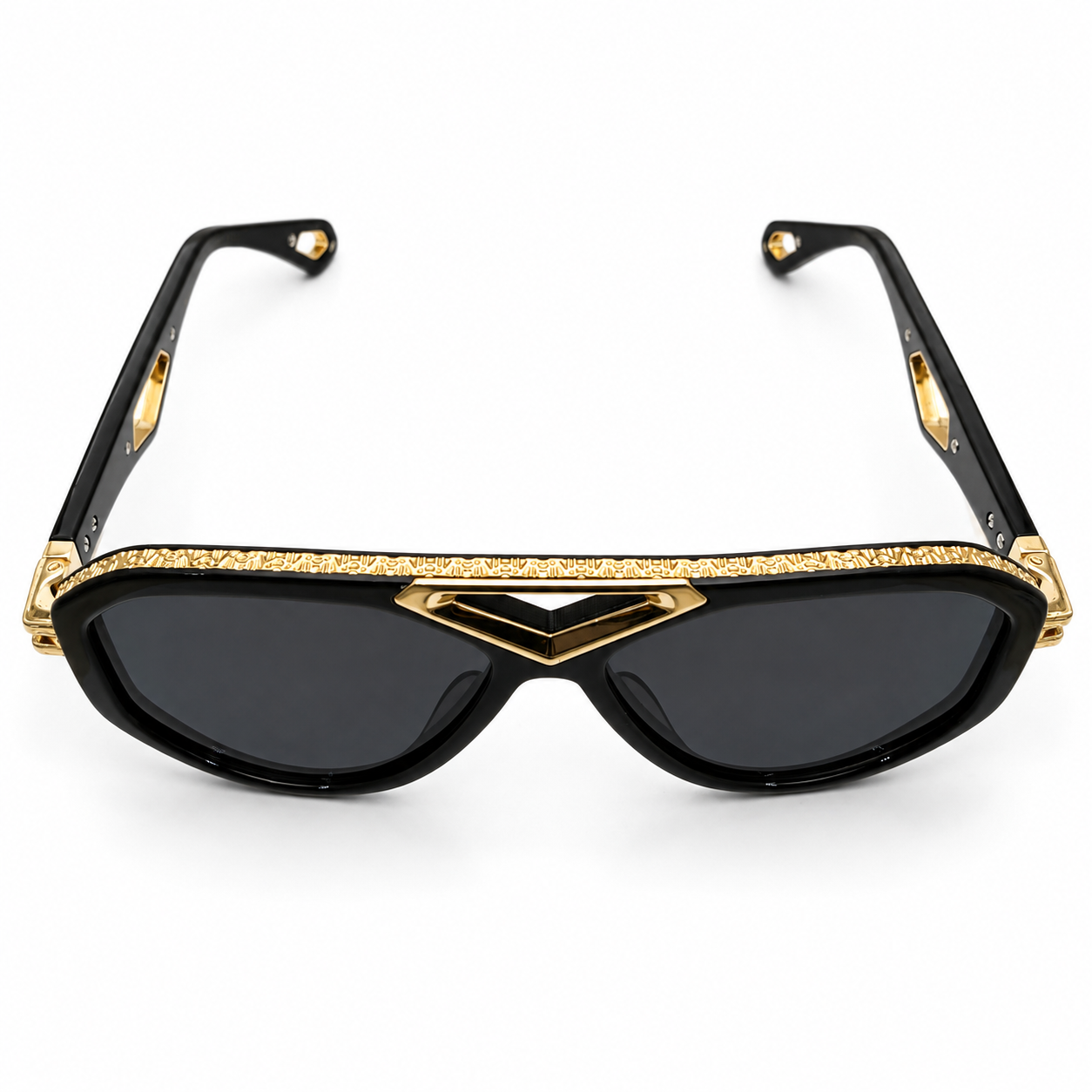 Maybach 071 Aviator Sunglasses for Men – Black Acetate Frame, Textured Gold-Tone Hardware, Grey UV Protection Lenses – Luxury Designer Eyewear