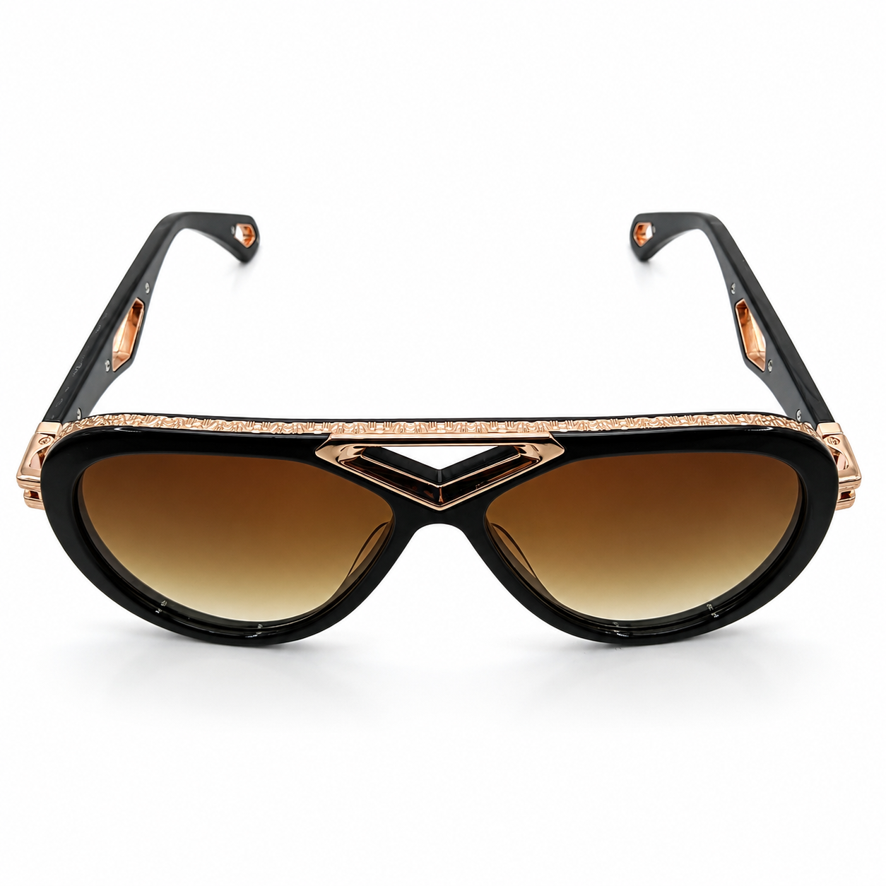 Maybach 071 Aviator Sunglasses for Men – Black Acetate Frame, Textured Rose-Gold Hardware, Brown Gradient Lenses – Luxury Designer Eyewear