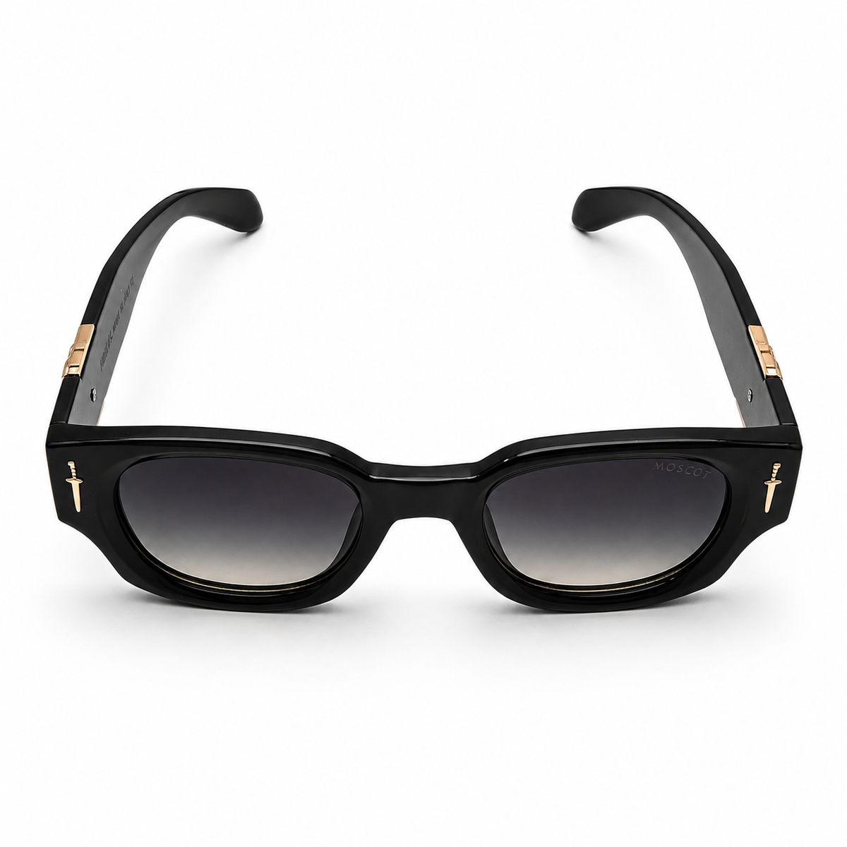 Moscot 135 Square Sunglasses for Men – Glossy Black Acetate Frame, Gold Eagle Hardware, Grey Gradient UV400 Protection Lenses – Luxury Designer Eyewear