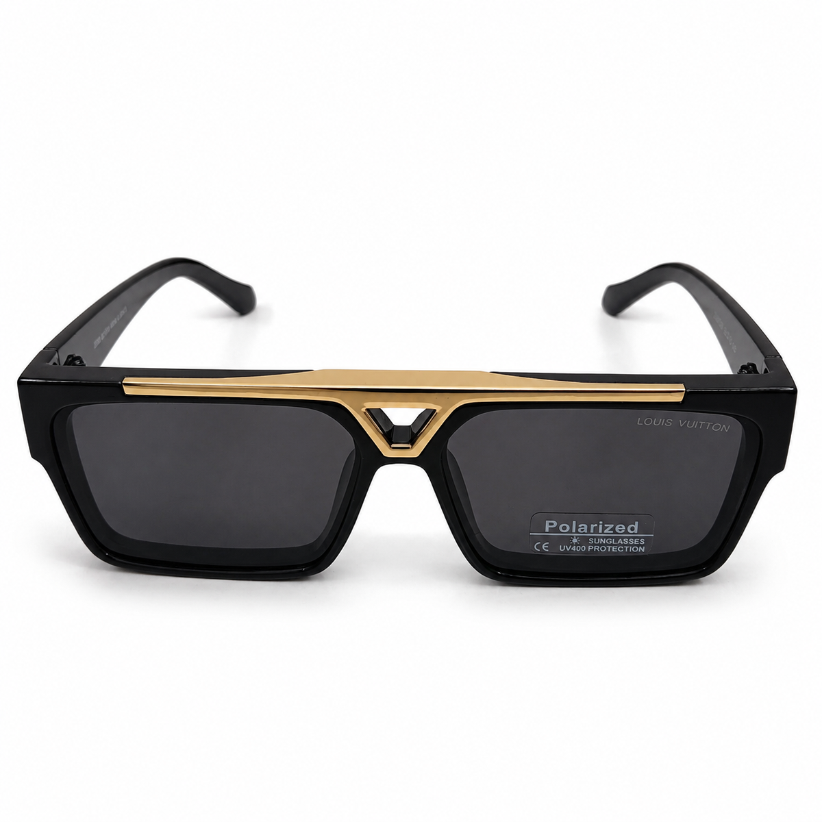 Louis Vuitton 98360 Luxury Square Sunglasses - Glossy Black Acetate with Gold Bar Bridge & Polarized Dark Grey UV400 Lenses