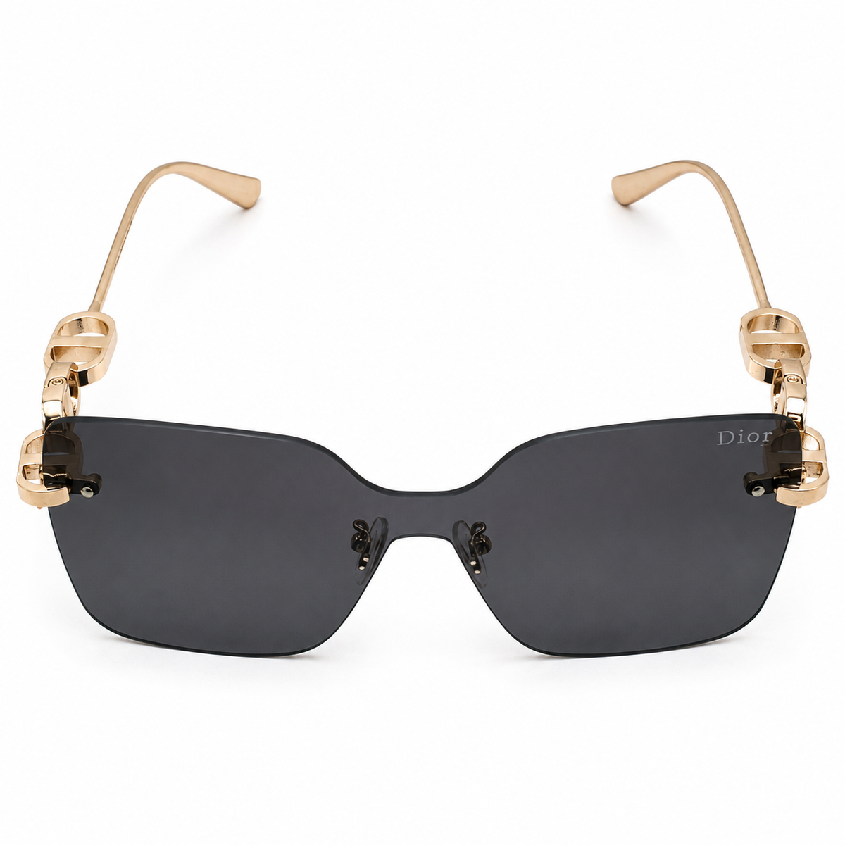 Dior 1011 Luxury Rimless Square Sunglasses - Dark Grey Tinted Lenses with Gold Chain-Link Temple Detail