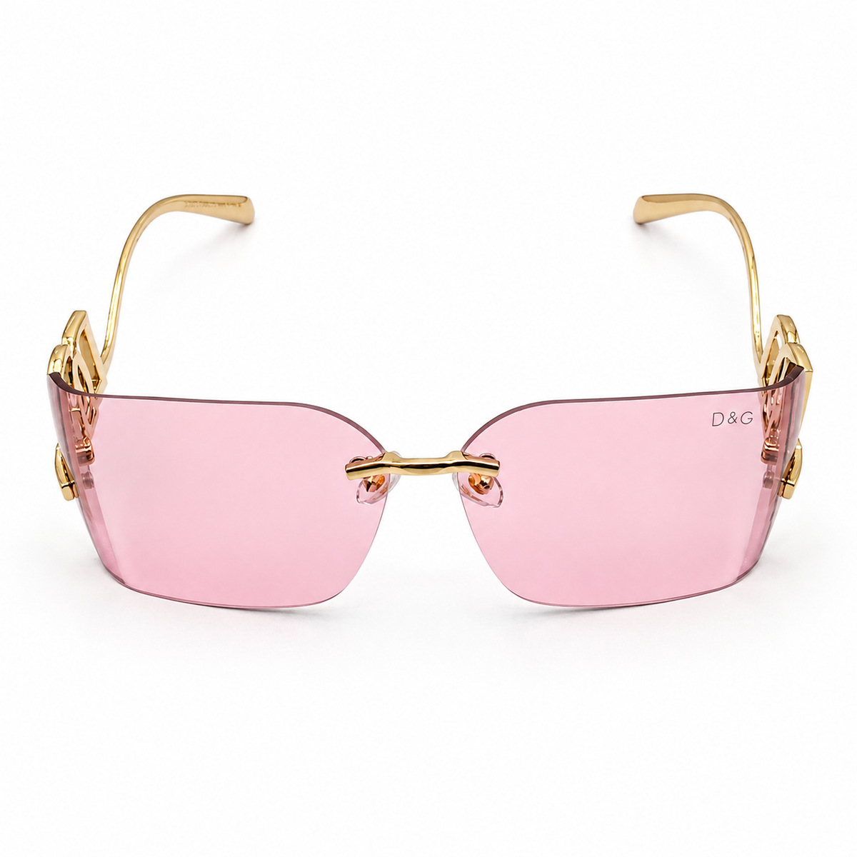 Dolce & Gabbana 9123 Luxury Rimless Square Sunglasses - Blush Pink Tinted Lenses with Gold "DG" Logo Temple Detail