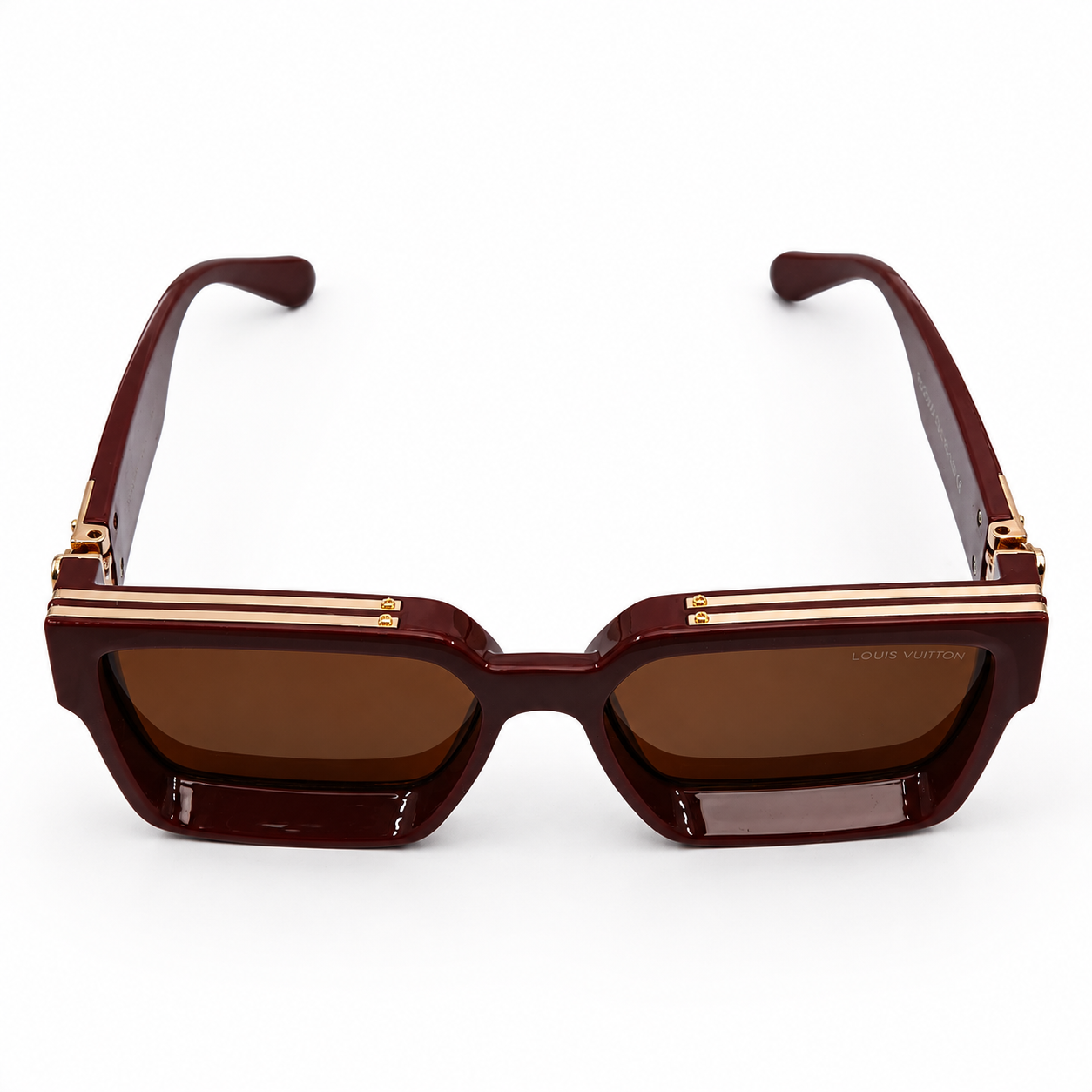 Louis Vuitton 96006 Luxury Bold Square Sunglasses – Dark Red Glossy Acetate with Gold Monogram Temple Detail & Brown Gradient UV Protection Lenses