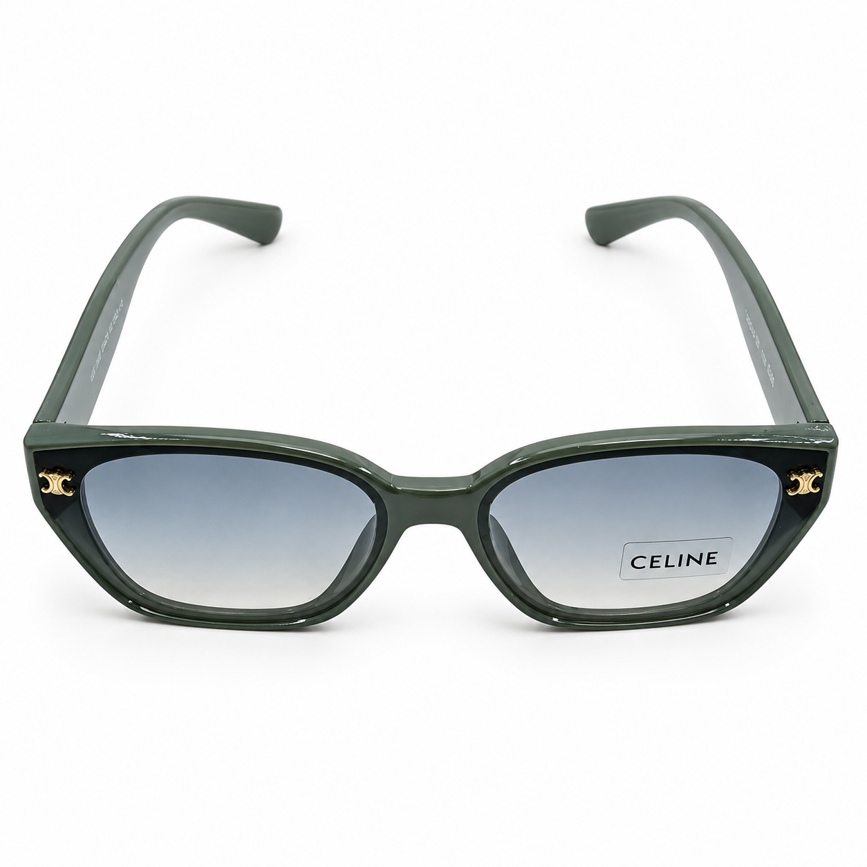 Celine 55303 Cat-Eye Sunglasses for Women – Green Acetate Frame, Gold Triomphe Logo, Grey Gradient UV400 Protection Lenses – Luxury Designer Eyewear