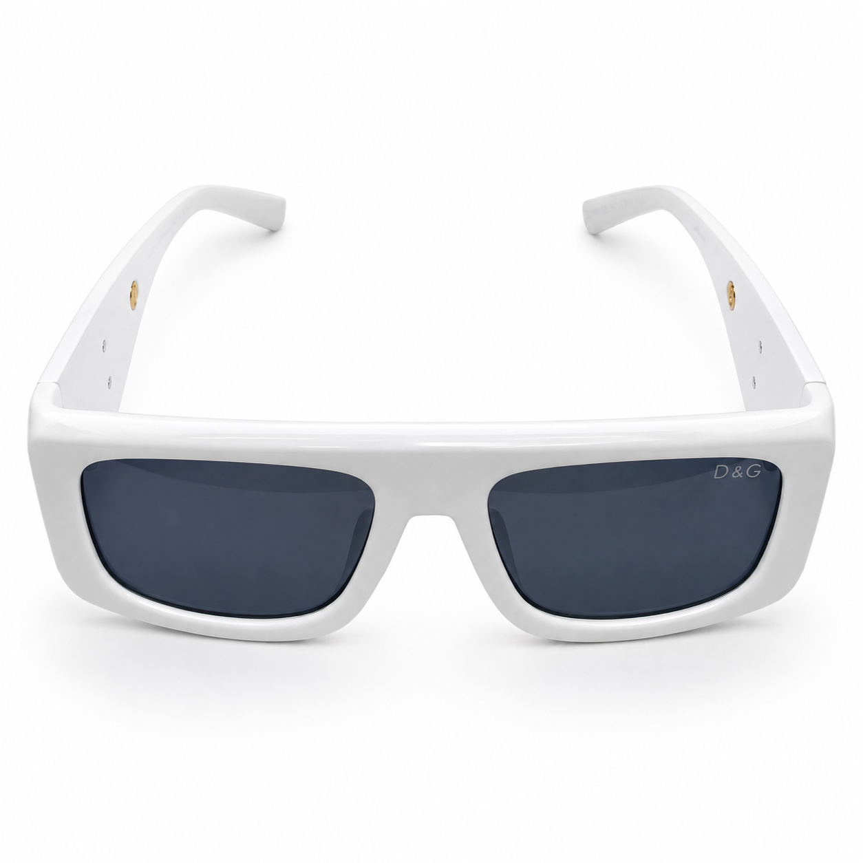 Dolce & Gabbana 98088 Flat-Top Sunglasses for Men – Glossy White Acetate Frame, Gold DG Logo Detail, Solid Grey UV400 Protection Lenses – Luxury Designer Eyewear