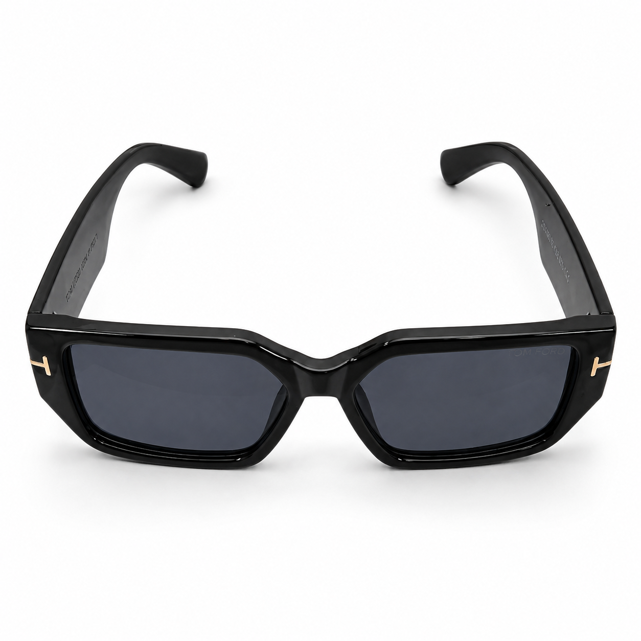 Tom Ford 98076 Geometric Rectangle Sunglasses for Men – Glossy Black Acetate Frame, Gold T Logo Detail, Solid Grey UV400 Protection Lenses – Luxury Designer Eyewear