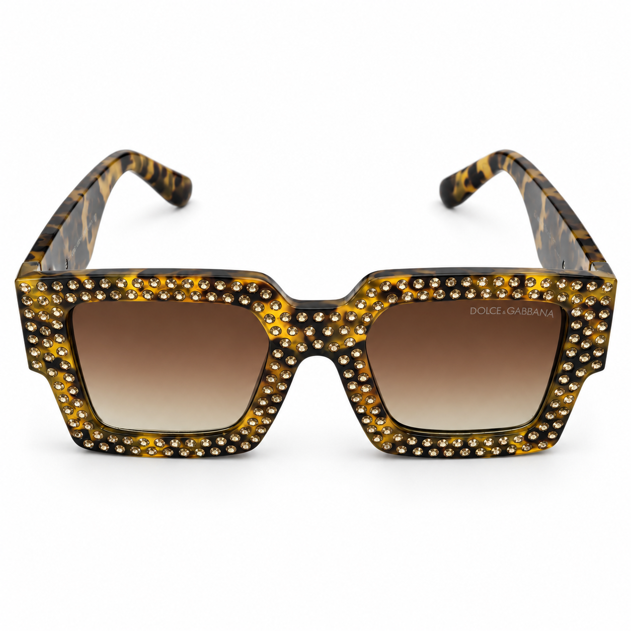 Dolce & Gabbana 98014 Square Sunglasses – Tortoiseshell Acetate Frame with Crystal Embellishment, Gold DG Logo Detail, Brown Gradient UV400 Protection Lenses