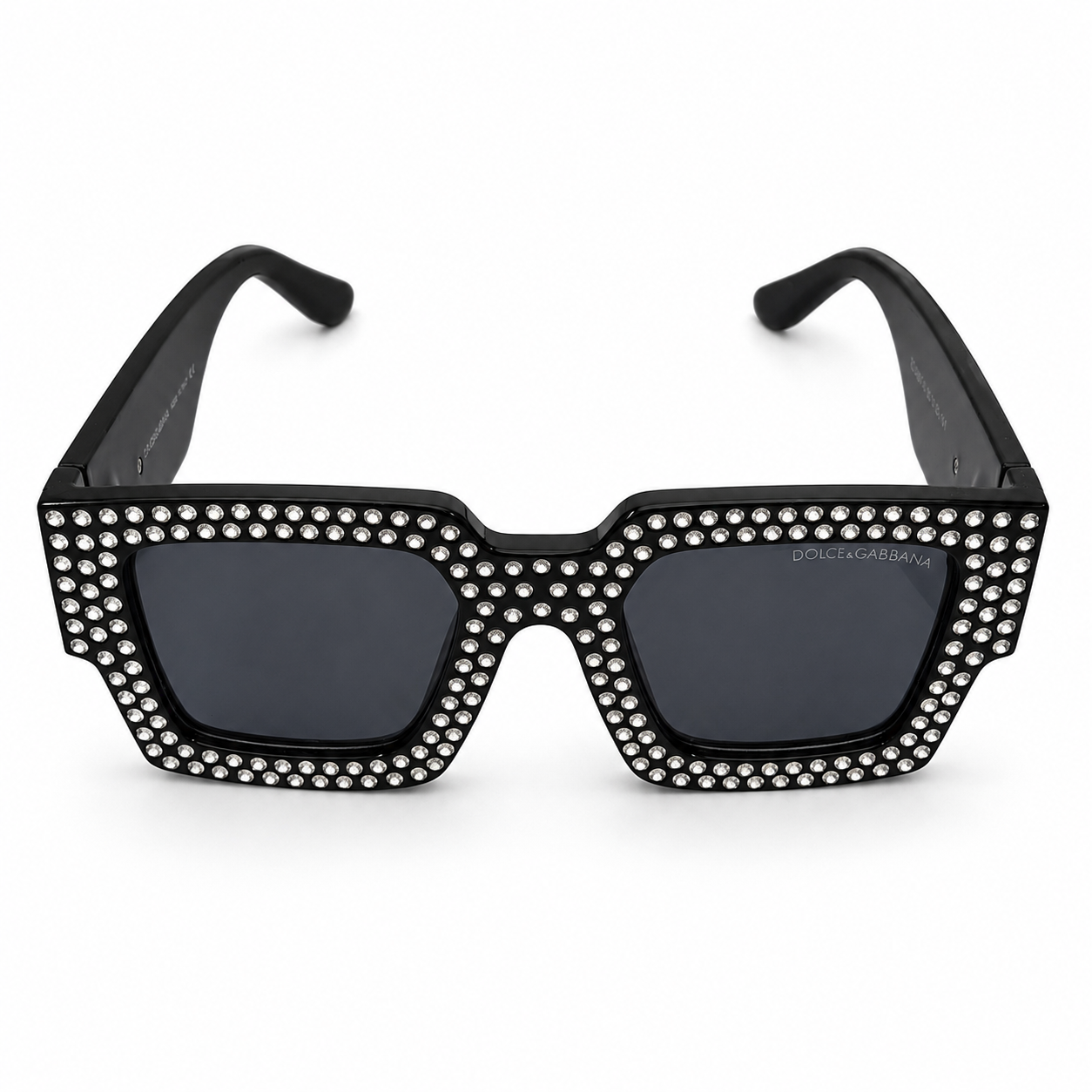 Dolce & Gabbana 98014 Square Sunglasses – Black Acetate Frame with Crystal Embellishment, Gold DG Logo Detail, Solid Grey UV400 Protection Lenses