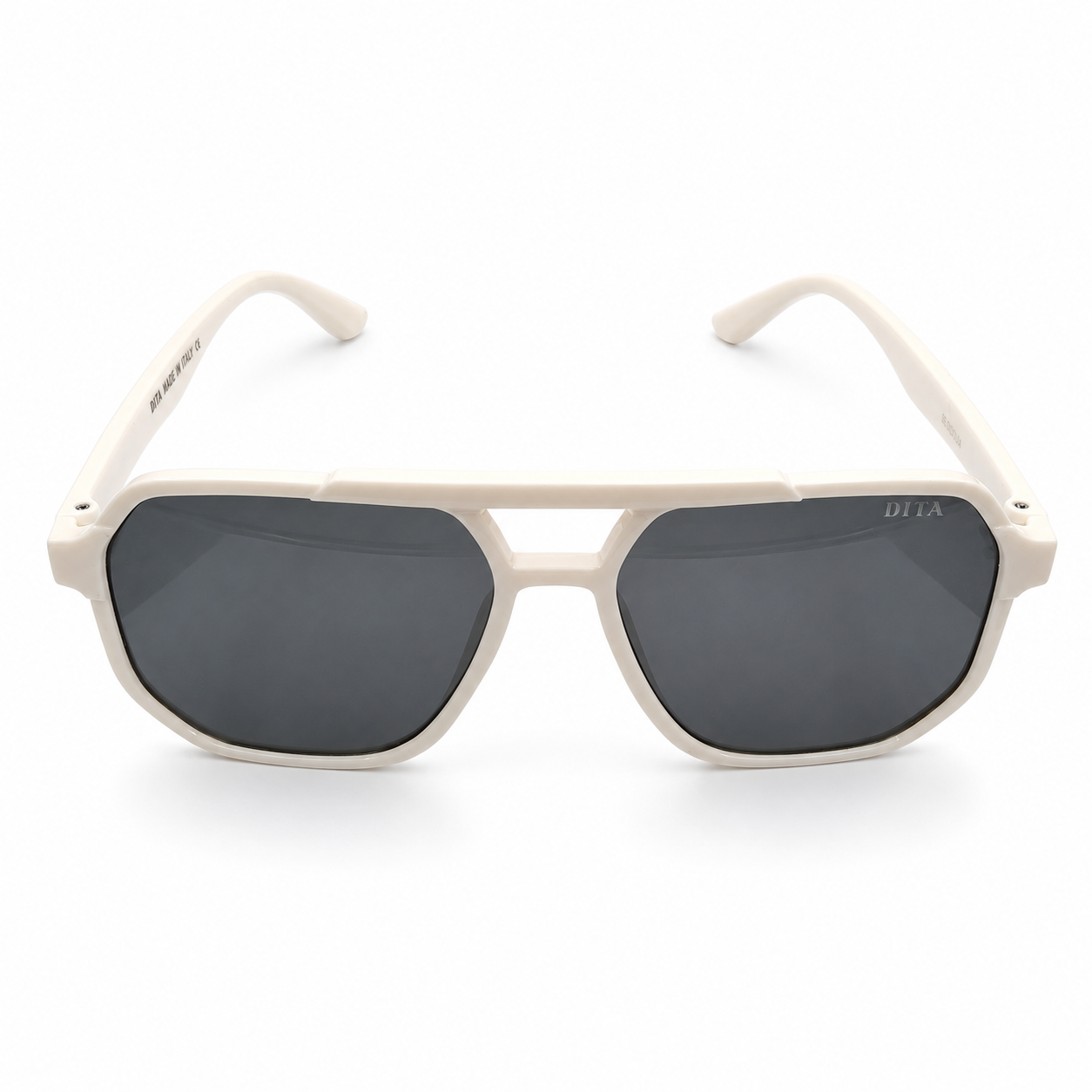 DITA 22058 Luxury Bold Aviator Sunglasses – Glossy Cream Acetate with Silver DITA Temple Detail & Dark Grey UV Protection Lenses