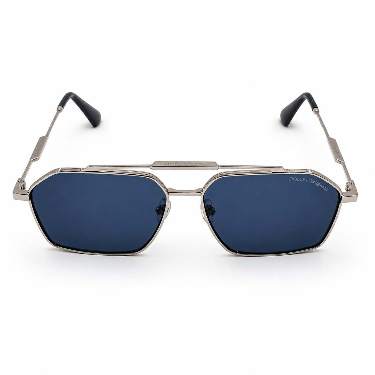 Dolce & Gabbana DG3271 Luxury Bold Geometric Navigator – Polished Silver Metal, Double Bridge & Deep Blue UV Protection Lenses