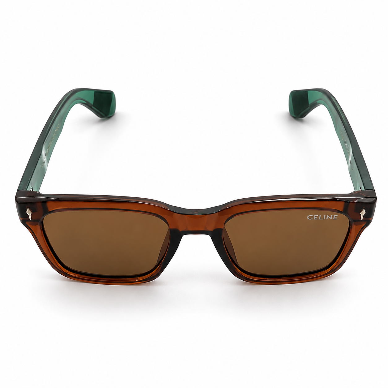 Celine 3831 Luxury Bold Square Sunglasses – Transparent Brown Acetate with Green Temples & Brown UV Protection Lenses