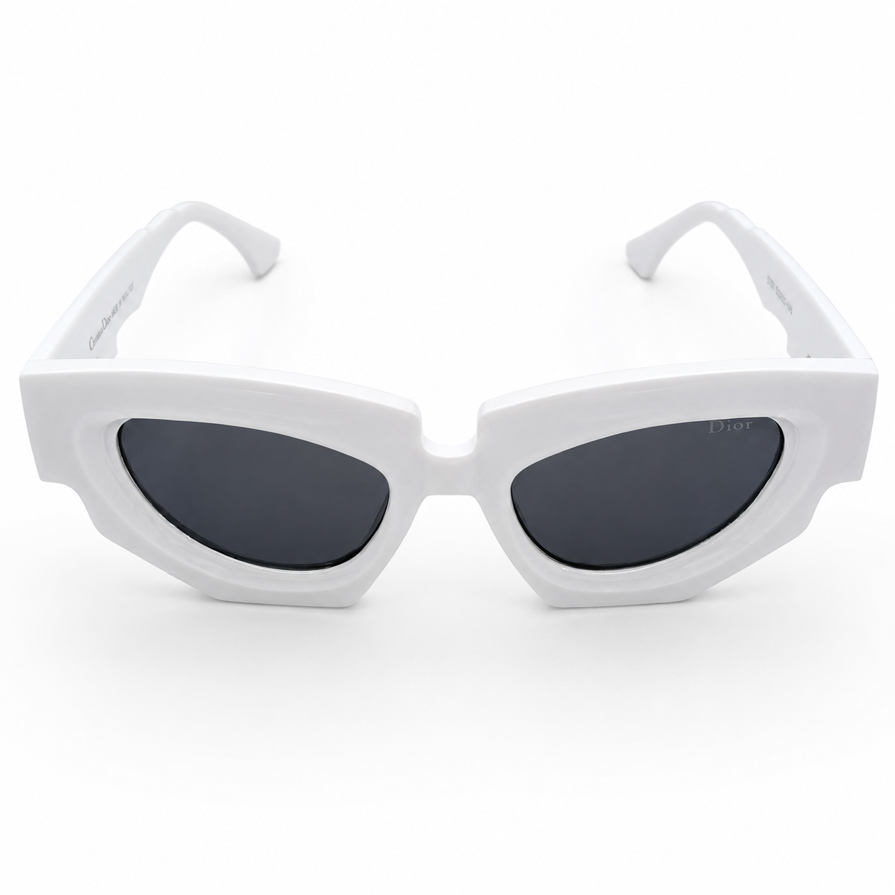 Christian Dior 5701 Luxury Bold Cat-Eye Sunglasses – Glossy White Acetate with Gold Christian Dior Temple Branding & Dark Grey UV Protection Lenses