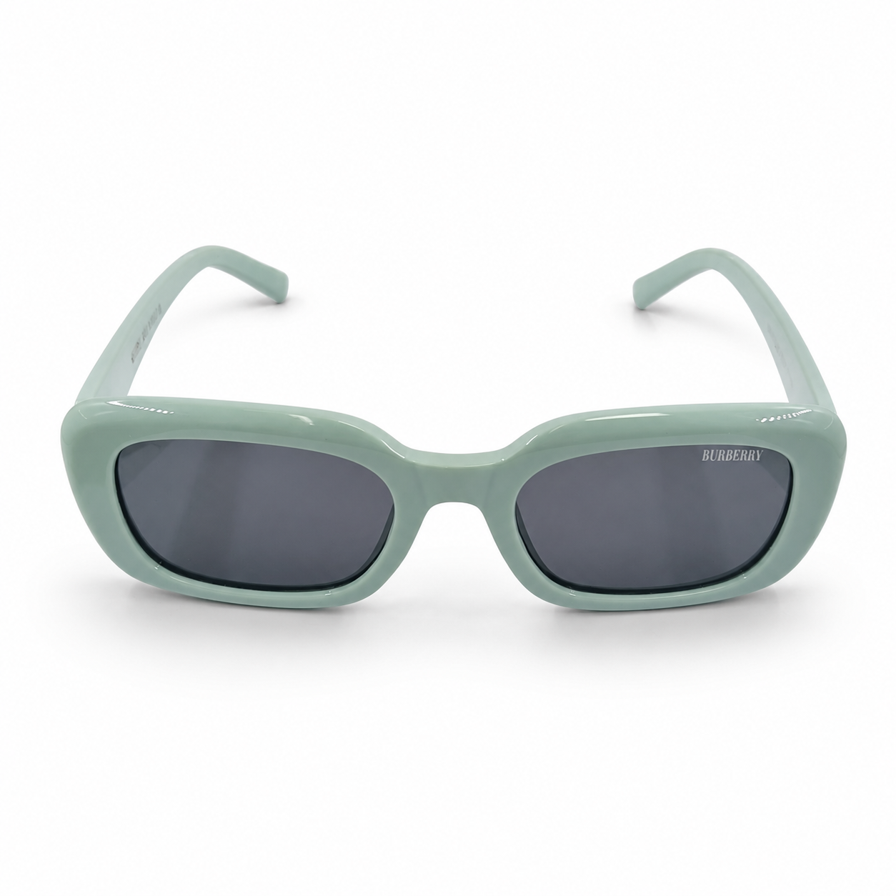 Burberry 3783 Luxury Bold Square Sunglasses – Glossy Mint Green Acetate with Silver Burberry Temple Branding & Dark Grey UV Protection Lenses