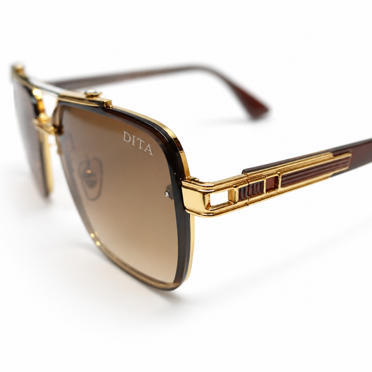 DITA 5G77 Luxury Square Aviator Sunglasses – Gold & Brown Tortoise with Double Bridge, Brown Acetate Temples & Gradient Brown Lenses
