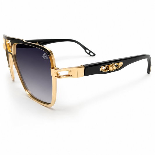 Maybach 5G218 Designer Square Aviator Sunglasses – Gold Metal & Black Acetate with Maybach Logo Hinge, Double Bridge & Gradient Grey UV Protection Lenses