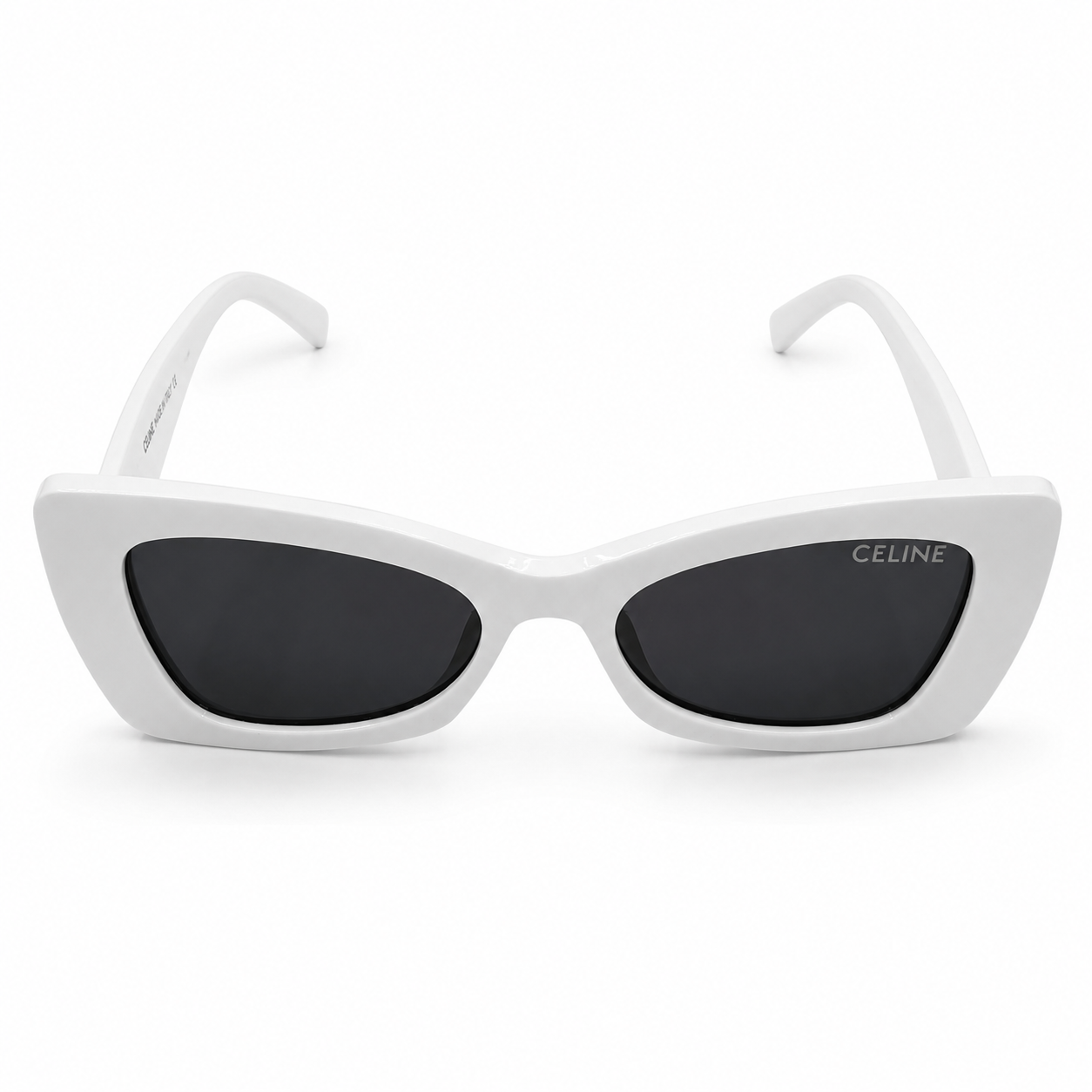Celine 3743 Designer Bold Cat-Eye Sunglasses – Pure White Acetate with Gold Dot Detail, Celine Branding & Dark Grey UV Protection Lenses
