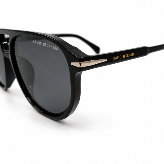 David Beckham 89262 Luxury Pilot Aviator Sunglasses – Glossy Black Acetate with Gold David Beckham Temple Branding, Cut-Out Bridge & Dark Grey UV Protection Lenses