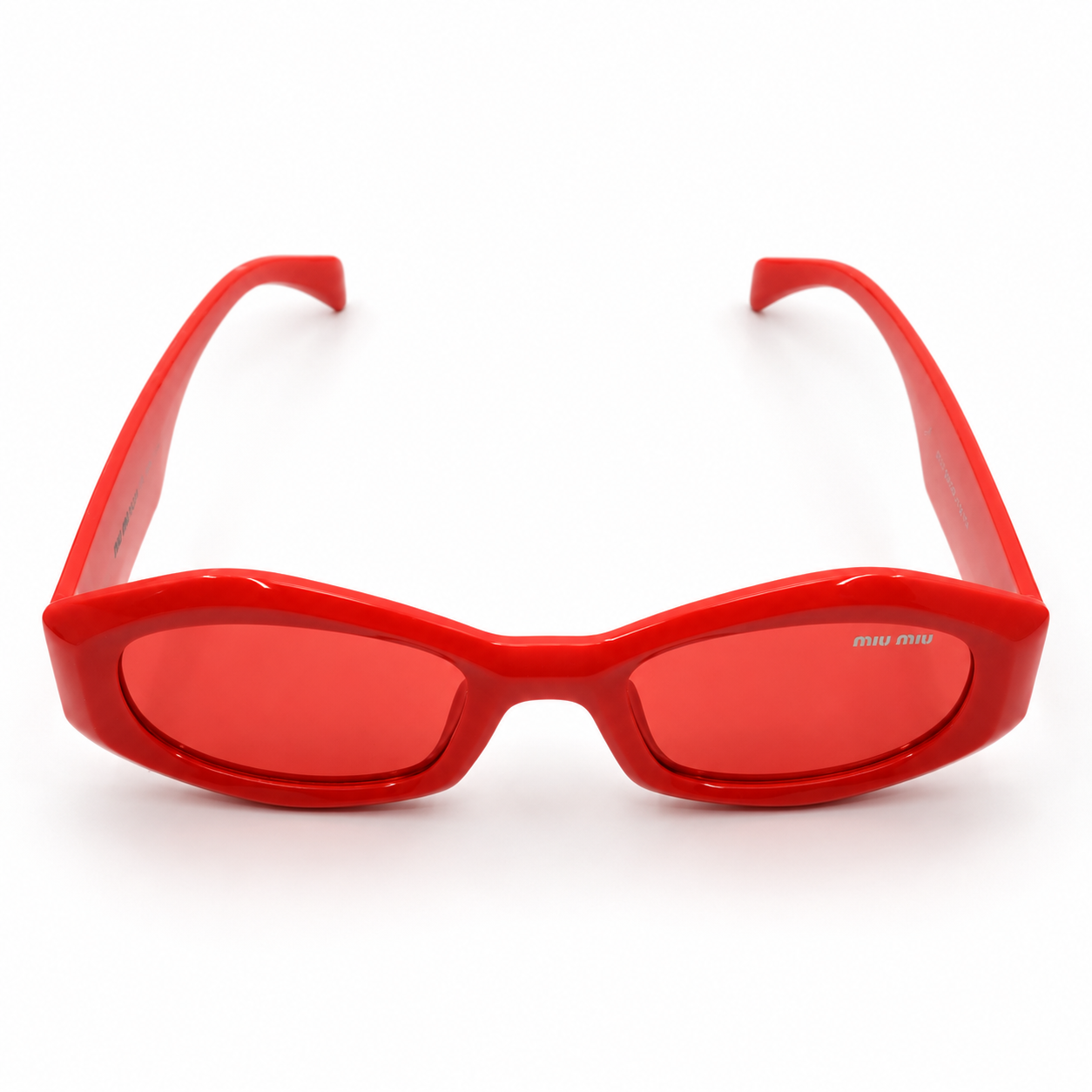 Miu Miu 5713 Luxury Oversized Geometric Sunglasses – Glossy Cherry Red Acetate with Iconic Gold Miu Miu Temple Branding & Red Tinted UV Protection Lenses
