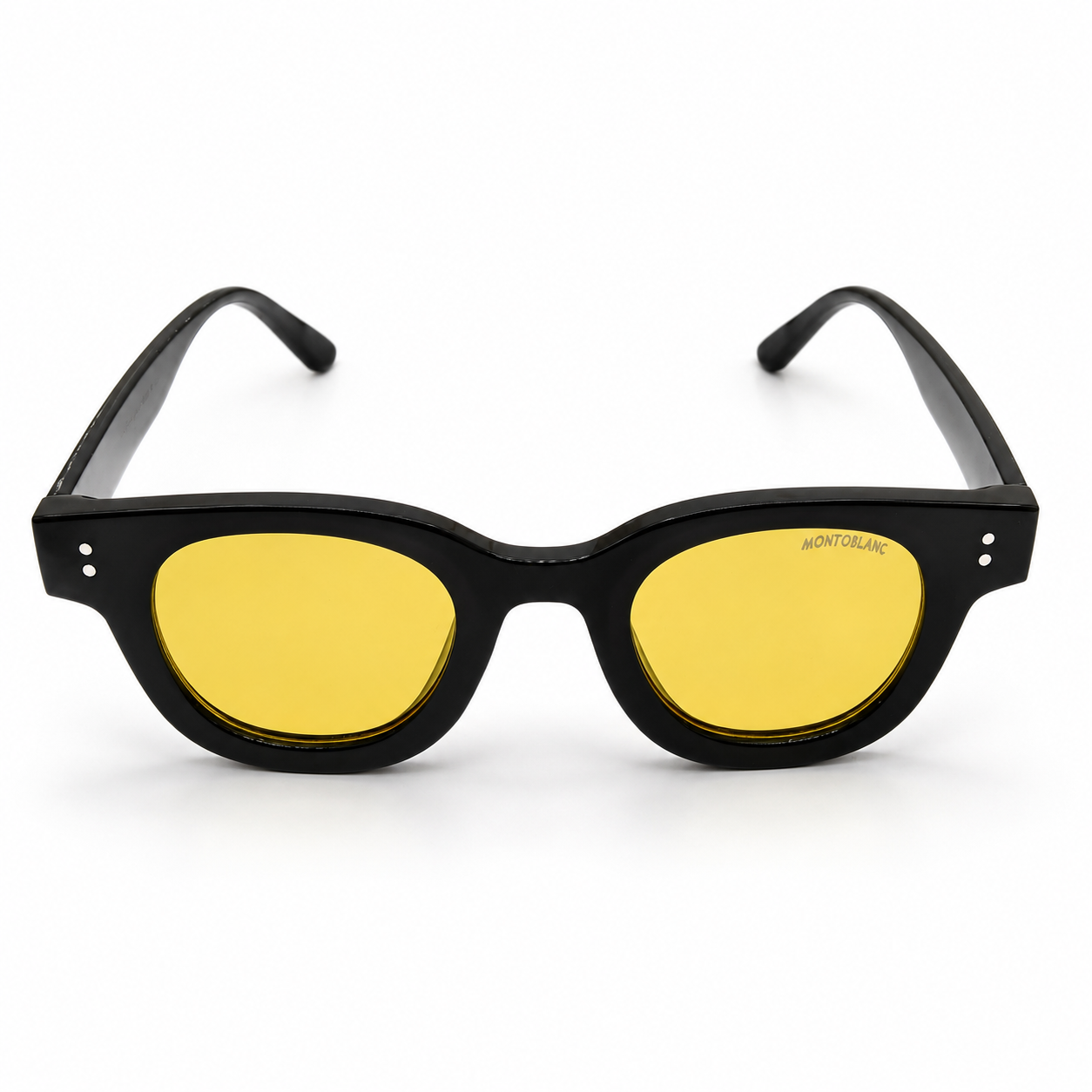Montblanc 89210 Luxury Round Wayfarer Sunglasses – Glossy Black Acetate with Gold Montblanc Temple Branding, Silver Rivet Detail & Amber Yellow Tinted UV Protection Lenses