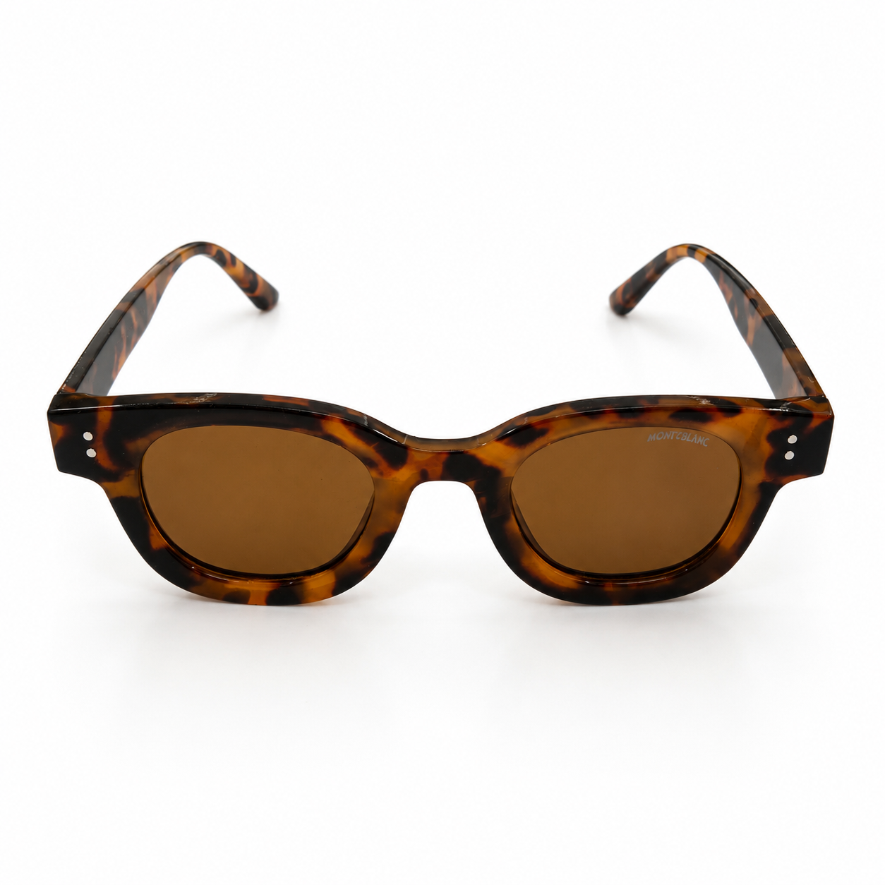 Montblanc 89210 Luxury Bold Round Sunglasses – Havana Tortoise Acetate with Gold Montblanc Temple Branding, Silver Rivet Detail & Brown Tinted UV Protection Lenses