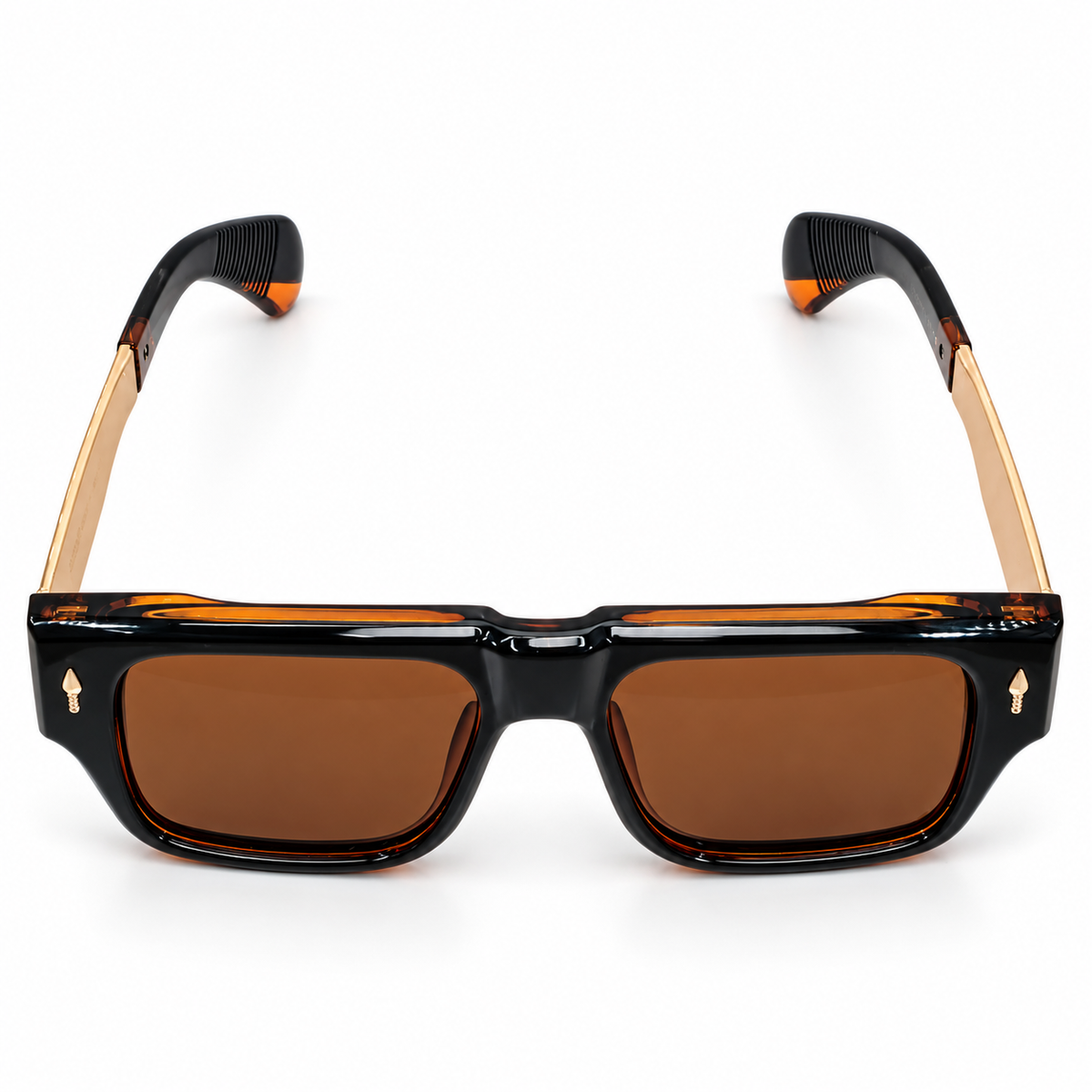Moscot 98355 Luxury Rectangle Sunglasses - Black & Amber Acetate Frame with Gold Engraved Temple Detail & Brown Lenses