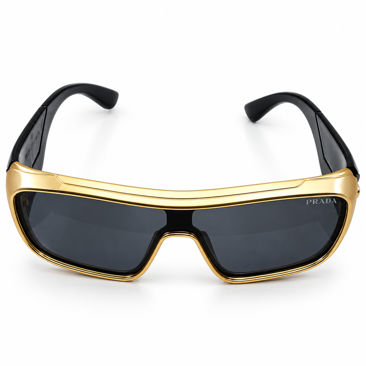 Prada 99312 Luxury Shield Sunglasses - Gold Metal Frame with Black Acetate Rim & Dark Grey Lenses