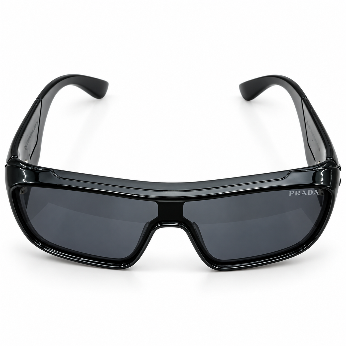 Prada 99312 Luxury Shield Sunglasses - Glossy Black Acetate Frame with Gold Ribbed Temple Detail & Dark Grey Lenses