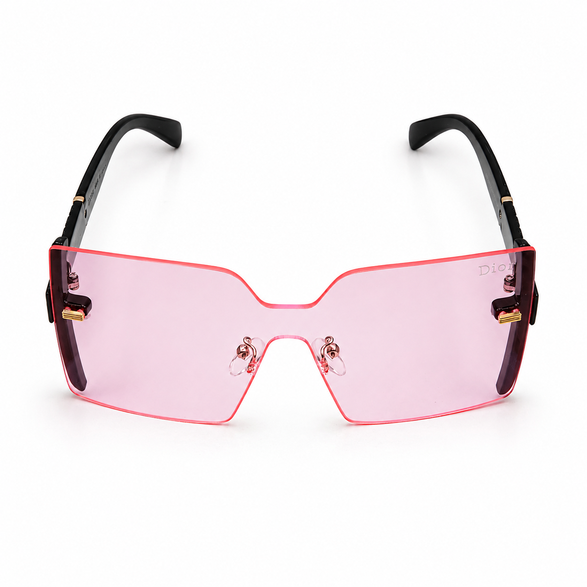 Dior 61005 Luxury Rimless Oversized Square Sunglasses - Black Acetate Frame with Quilted Temple Detail & Light Pink Tinted Lenses