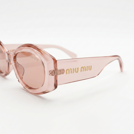 Miu Miu 5713 Designer Oversized Geometric Sunglasses – Transparent Rose Pink with Gold Miu Miu Branding & Light Pink UV Protection Lenses