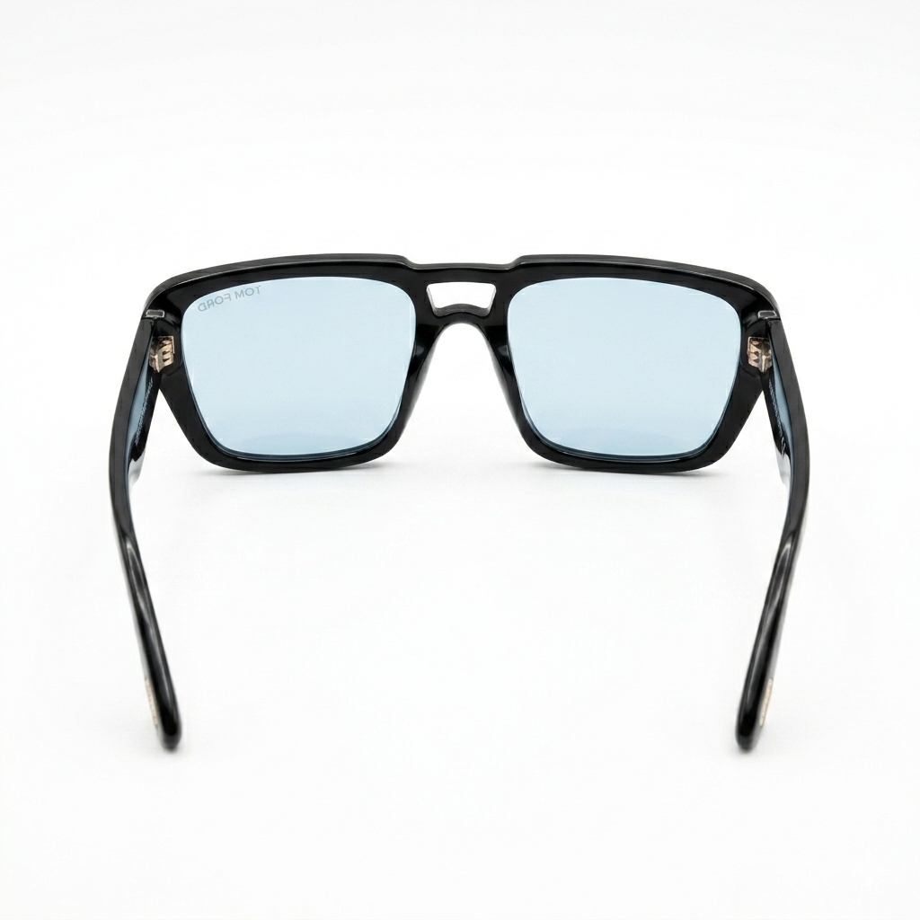Tom Ford 185 Luxury Oversized Square Sunglasses – Glossy Black Acetate with Gold T-Logo Hinge, Tom Ford Branding & Light Blue UV Protection Lenses