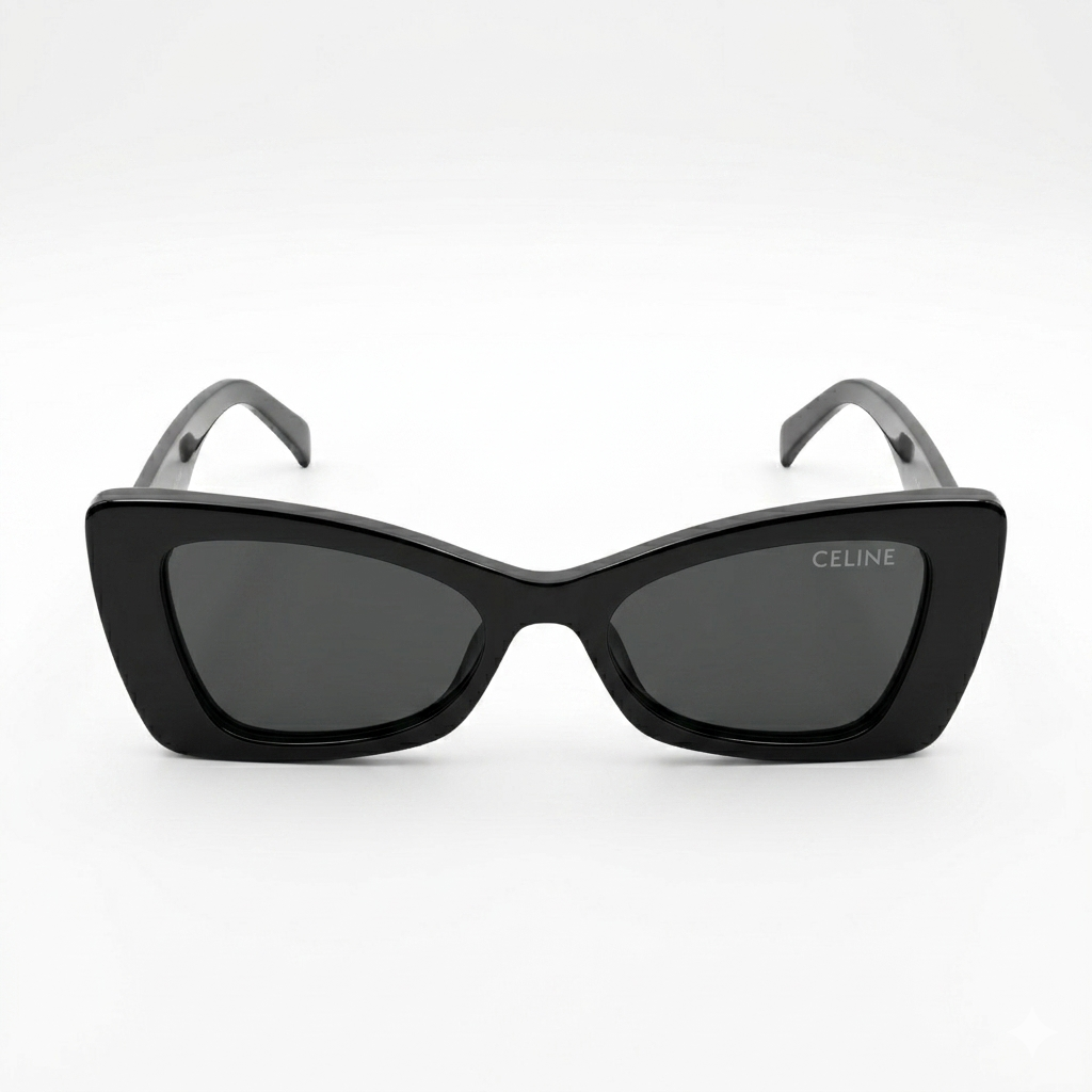 Celine 3743 Luxury Bold Cat-Eye Sunglasses – Glossy Black Acetate with Iconic Silver Celine Temple Branding, Dot Detail & Dark Grey UV Protection Lenses