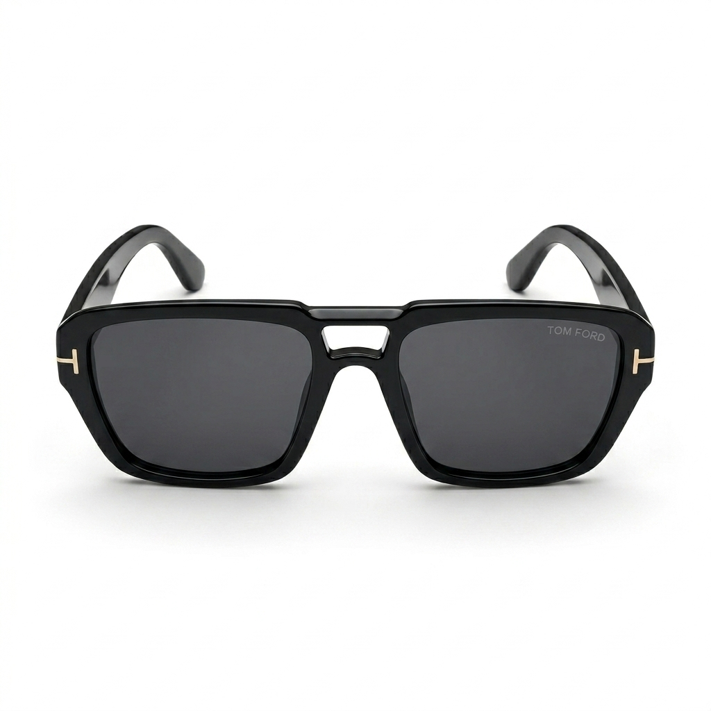 Tom Ford 185 Luxury Oversized Square Sunglasses – Glossy Black Acetate with Iconic Gold T-Logo Hinge, Tom Ford Temple Branding & Dark Grey UV Protection Lenses