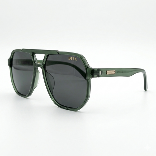 DITA 22058 Luxury Bold Aviator Sunglasses – Transparent Forest Green Acetate with Gold DITA Temple Detail & Dark Grey UV Protection Lenses