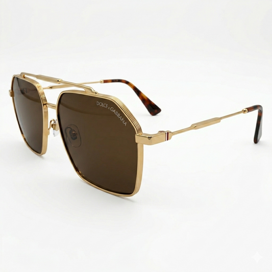 Dolce & Gabbana DG3271 Bold Geometric Navigator Sunglasses – Glossy Gold Metal, Double Bridge, Ribbed Detail & Dark Brown UV Protection Lenses