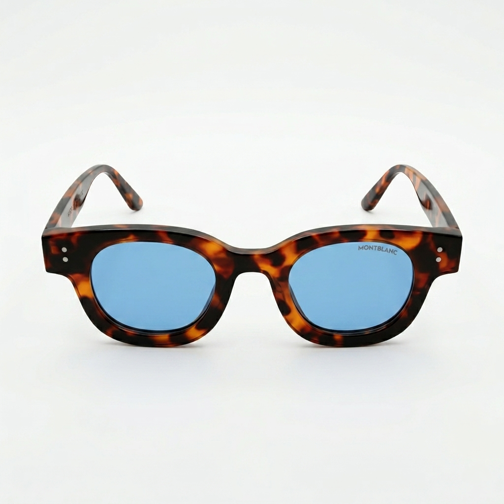 Montblanc 89210 Luxury Bold Round Sunglasses – Glossy Havana Tortoise Acetate with Gold Montblanc Temple Branding, Silver Dot Detail & Ocean Blue Tinted UV Protection Lenses
