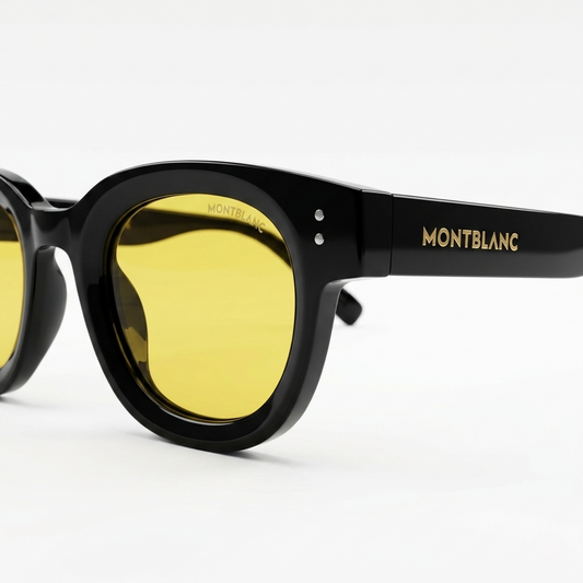 Montblanc 89210 Luxury Round Wayfarer Sunglasses โ Glossy Black Acetate with Gold Montblanc Temple Branding, Silver Rivet Detail & Amber Yellow Tinted UV Protection Lenses