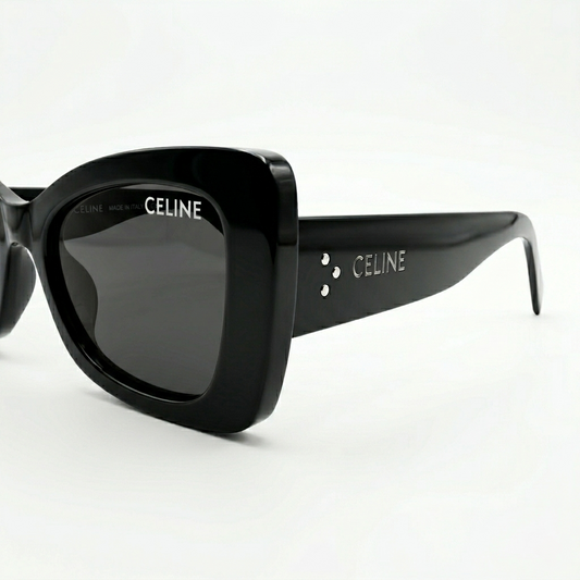 Celine 3743 Luxury Bold Cat-Eye Sunglasses – Glossy Black Acetate with Iconic Silver Celine Temple Branding, Dot Detail & Dark Grey UV Protection Lenses