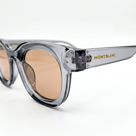 Montblanc 89210 Luxury Bold Round Sunglasses – Transparent Crystal Grey Acetate with Gold Montblanc Temple Branding, Silver Rivet Detail & Brown Tinted UV Protection Lenses