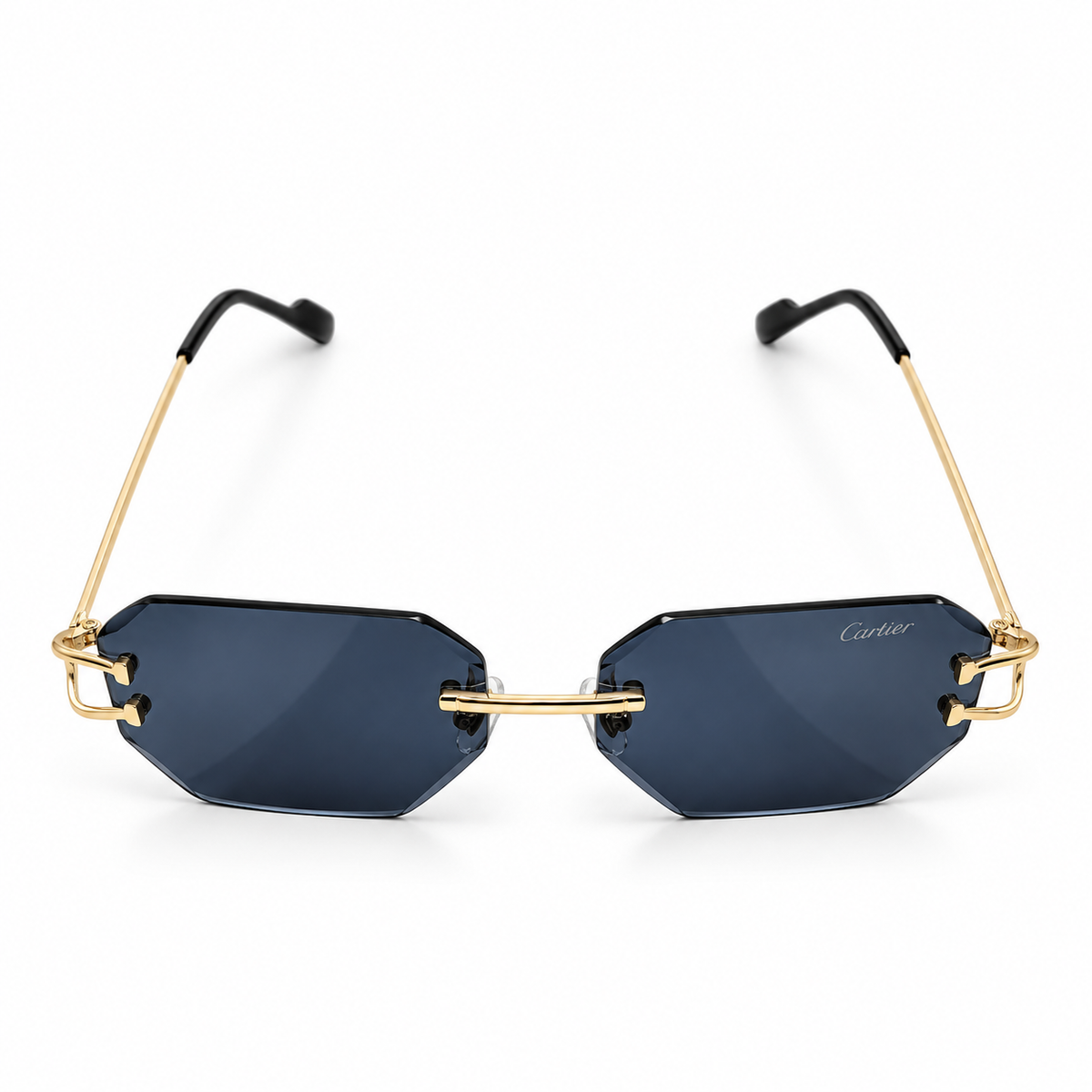 Cartier 5G34 Luxury Rimless Octagon Sunglasses for Men - Gold-Tone Metal Frame, Diamond-Cut Dark Grey Lenses & Black Temple Tips