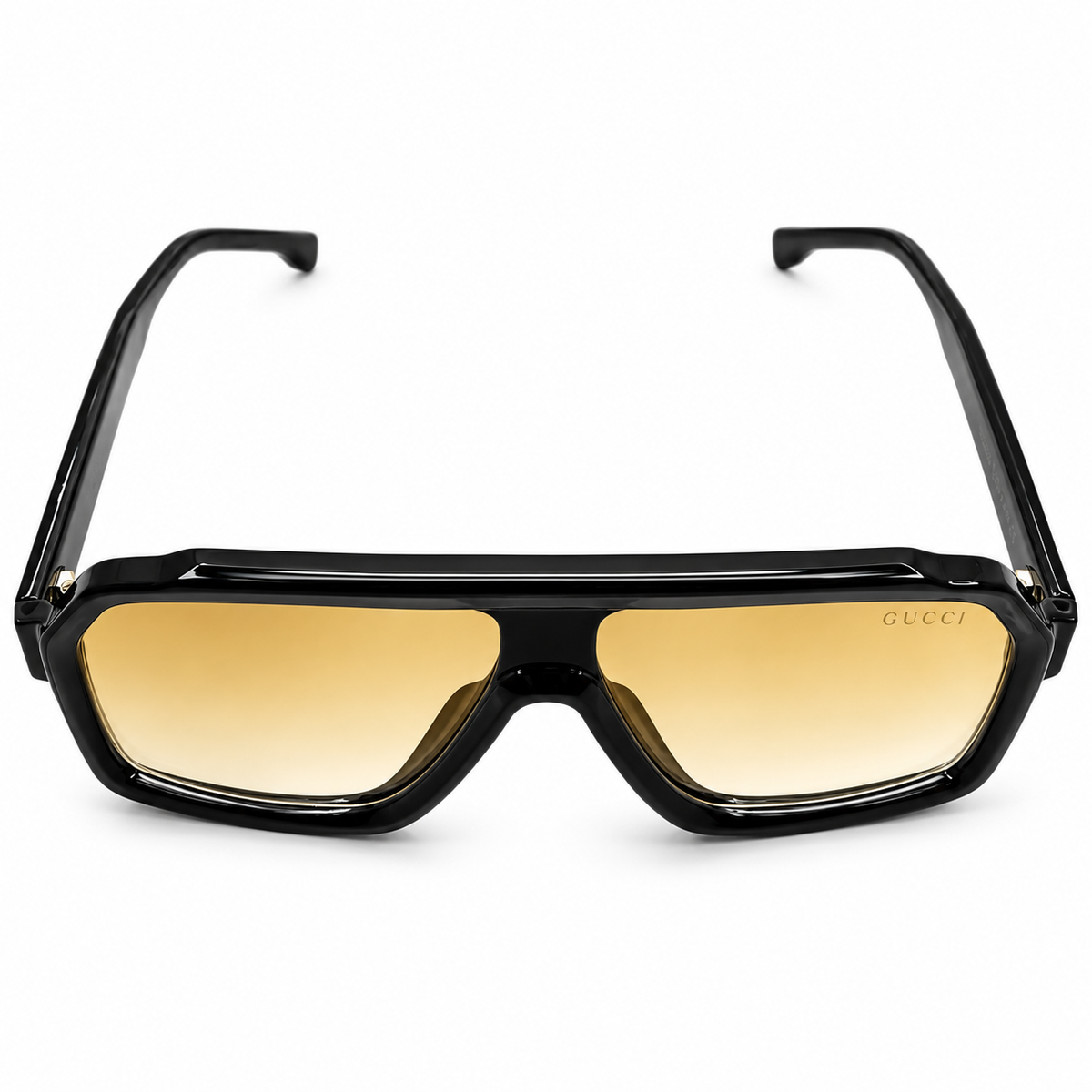 Gucci 28015 Luxury Oversized Rectangle Sunglasses for Men - Glossy Black Acetate Frame, Gold GUCCI Temple Logo & Yellow Amber Gradient Lenses