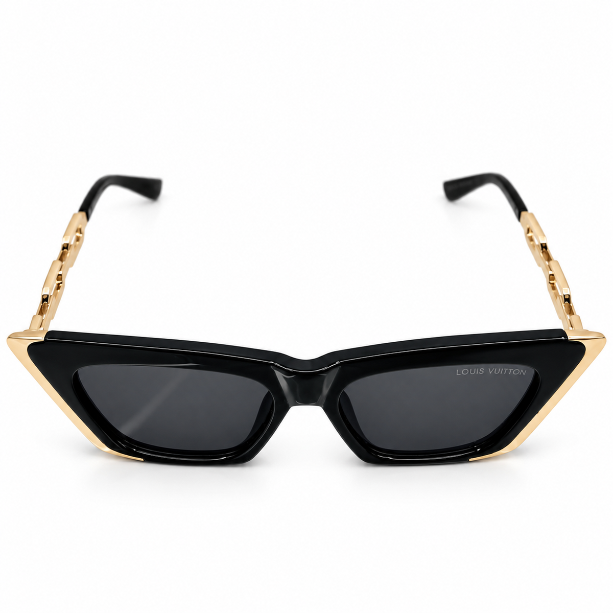 Louis Vuitton 98012 Luxury Cat Eye Sunglasses for Women - Glossy Black Metal Frame, Gold Chain-Link Temples, Gold Corner Trim & Dark Grey Lenses