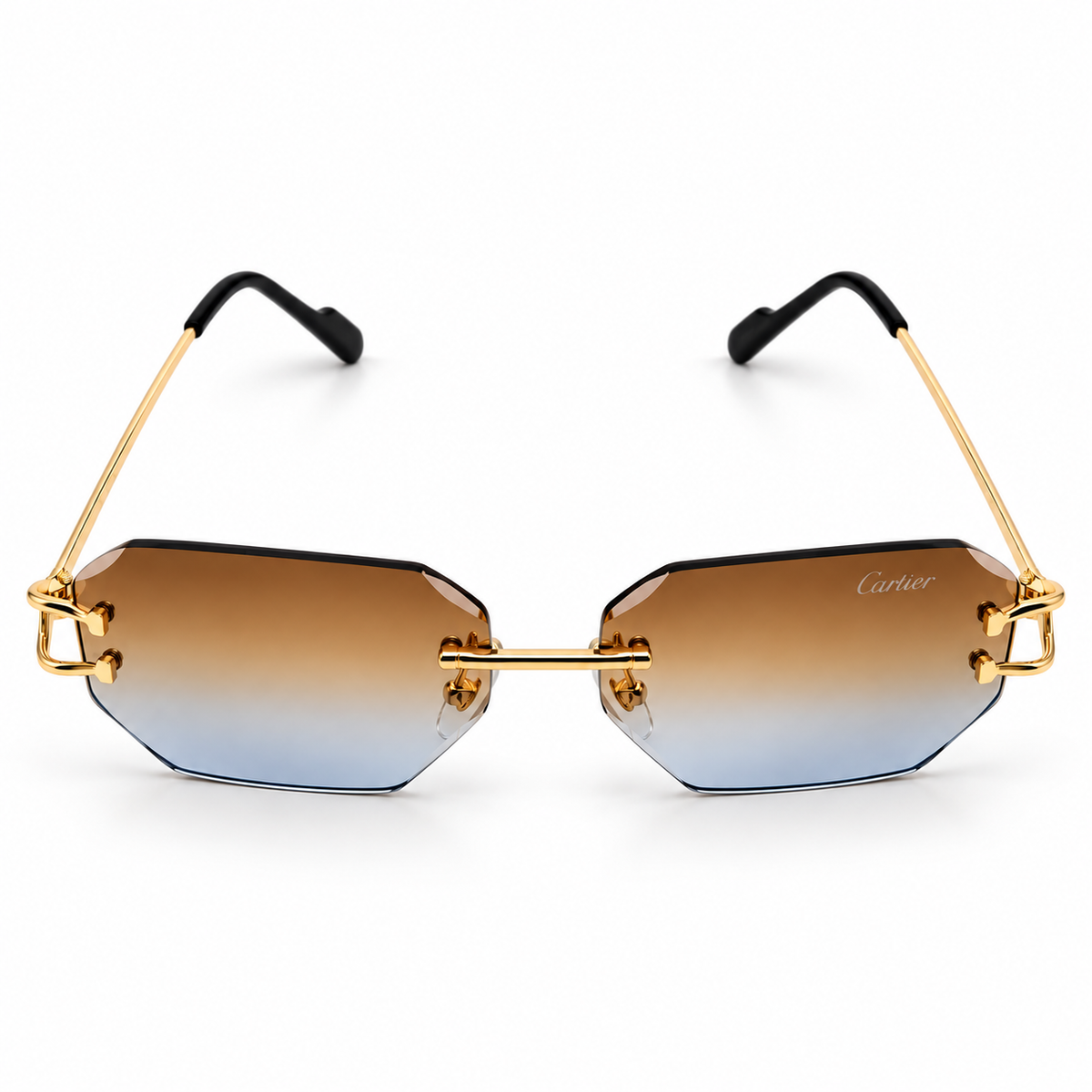 Cartier 5G34 Luxury Rimless Octagon Sunglasses for Men - Gold-Tone Metal Frame, Diamond-Cut Brown Blue Gradient Lenses & Black Temple Tips