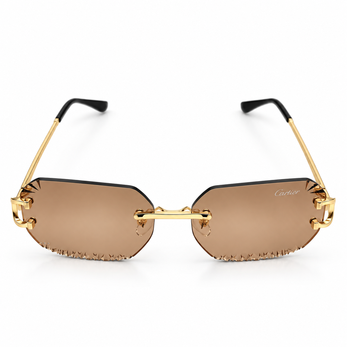 Cartier 5G34 Luxury Rimless Sunglasses for Men - Gold-Tone Metal Frame, Serrated Diamond-Cut Brown Lenses & Black Temple Tips