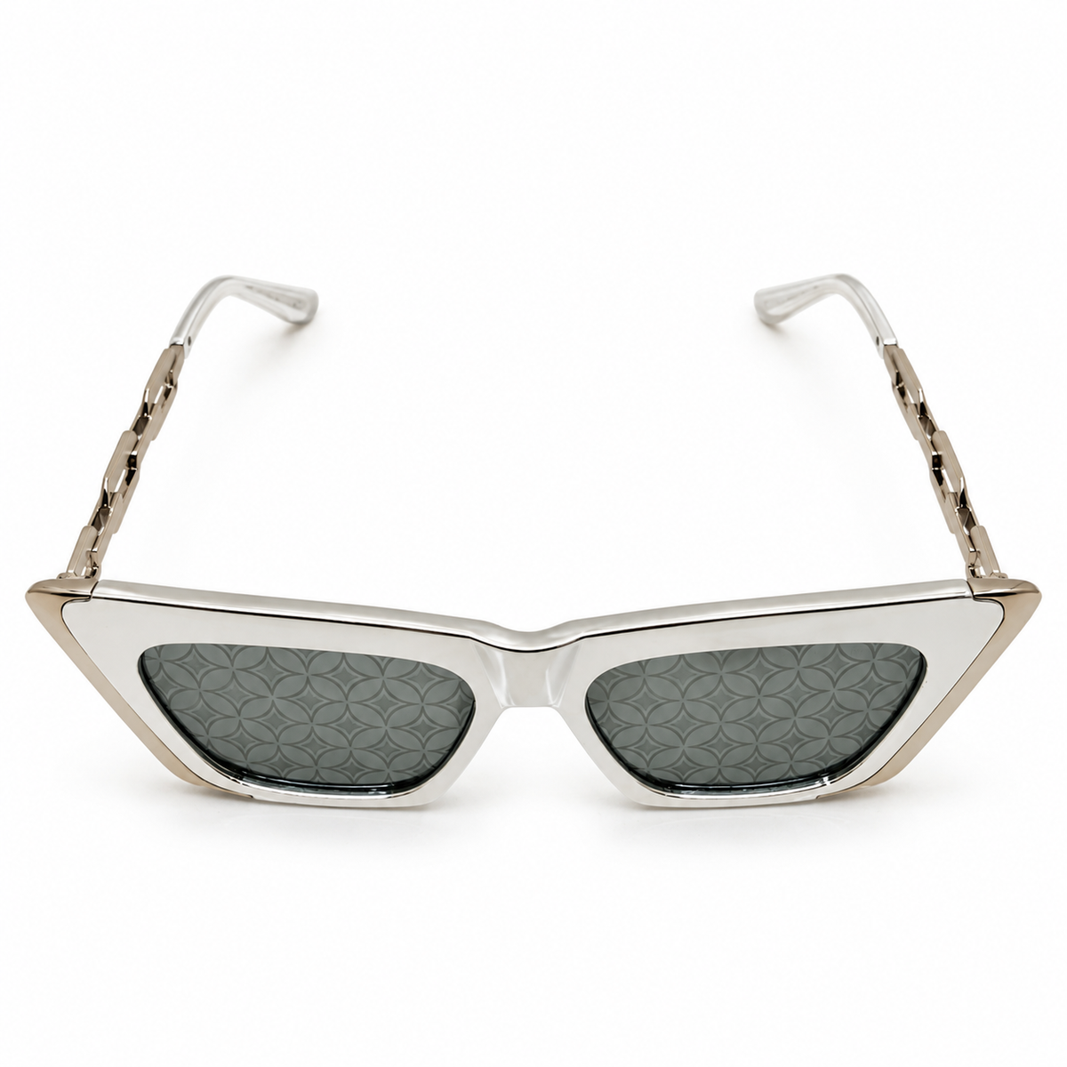 Louis Vuitton 98012 Luxury Cat Eye Sunglasses for Women - Glossy Silver Metal Frame, Silver Chain-Link Temples & Dark Grey Monogram Pattern Lenses