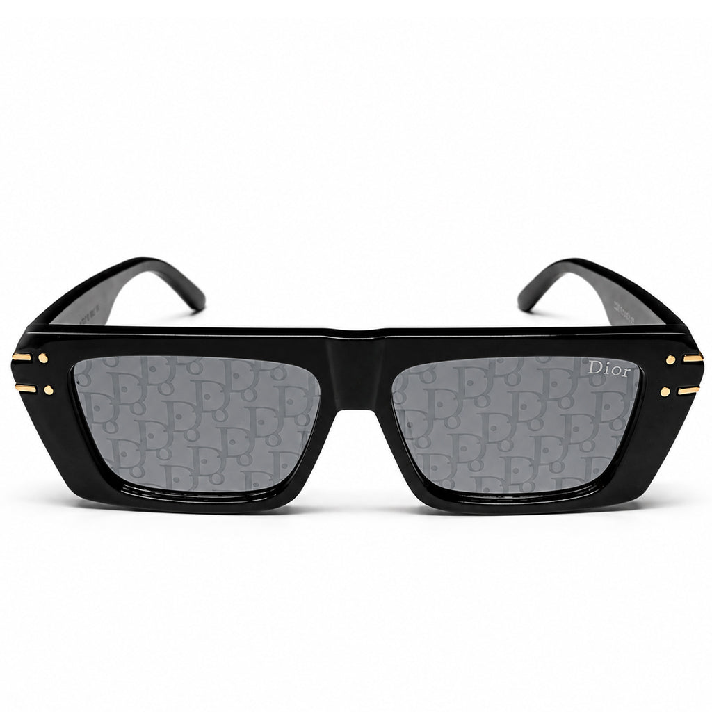Christian Dior 29 Square Sunglasses – Glossy Black with Dior Oblique Monogram Lenses & Gold Christian Dior Branding