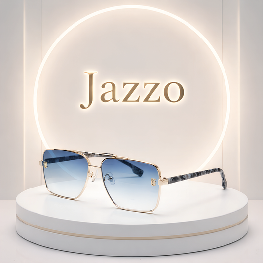 Square blue gradient sunglasses with gold frames on display stand, modern backdrop